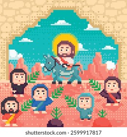 Christ's triumphal entry into Jerusalem on Palm Sunday pixel art vector illustration