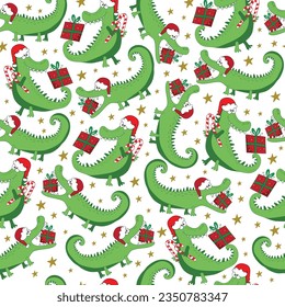 Chritmas alligator, crocodile seamless pattern. Cartoon funny alligator in Santa hat and with gift box and cany cane. Good for textile print, cover, wrapping and wallpaper design.