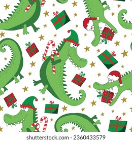 Chritmas alligator, crocodile seamless pattern. Cartoon funny alligator in Santa hat and with gift box and cany cane. Good for textile print, cover, wrapping and wallpaper design.