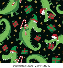 Chritmas alligator, crocodile seamless pattern. Cartoon funny alligator in Santa hat and with gift box and cany cane. Good for textile print, cover, wrapping and wallpaper design.