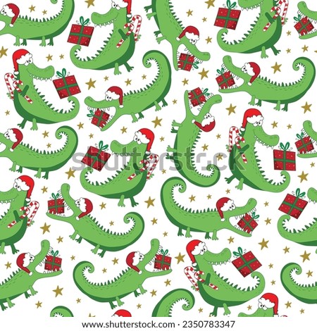 Chritmas alligator, crocodile seamless pattern. Cartoon funny alligator in Santa hat and with gift box and cany cane. Good for textile print, cover, wrapping and wallpaper design.