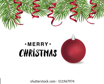 Chritmas card design with fir tree branch, decoration ball and atlas ribbons on white background.