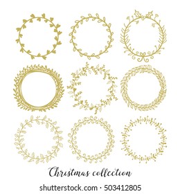 Chritmas design hand drawn elements set. Floral wreaths collection, round vector frames set