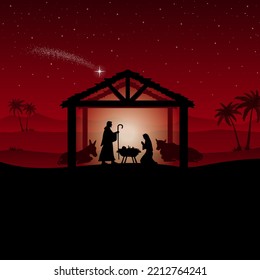 Chritmas Nativity Scene, with black silhouettes on red background in the desert setting. Greeting card illustration.