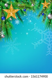Chritmas and New year holiday celebration theme colorful blue gredient abstract background with snowflake, shining colorful decoration balls and pine leaf frame can use as greeting card.