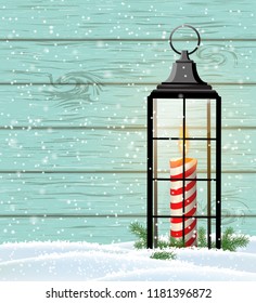 Chritmas still-life with candle in vintage lantern with blue wooden background and snow, vector illustration, eps 10 with transparency