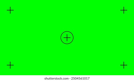 Chroma-Key-Hintergrund. Grüner Bildschirm mit Kreuzmarkierungen für die Verfolgung. Videotechnologie, um spezielle visuelle Effekte für VFX während der letzten Filmphase hinzuzufügen. Flache Vektorgrafik.