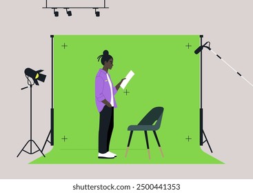 Chroma Key Setup, A poised individual stands in a vibrant green studio, reviewing scripts amidst professional lighting and a simple chair, preparing For Recording Session Under Bright Lights