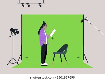 Chroma Key Setup, A poised individual stands in a vibrant green studio, reviewing scripts amidst professional lighting and a simple chair, preparing For Recording Session Under Bright Lights