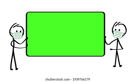 Chromakey, fondo de pantalla verde con máscara facial. Stickman sostiene un cartel. Dibujo de una persona y un cartel de caricatura. Cartón de comunicación vacío o en blanco.