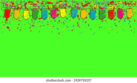 Chromakey, green screen background with many falling tiny colored confetti pieces and flags. Happy party. Chroma key studio tv concept. 1920, 1080 video format.