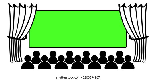 Chromakey, green screen Empty board or billboard. Cartoon represented by presentation. Empty cinema movie theater stage with a curtain, for theatre, festival or cinema banner. Chroma key 