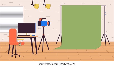 Chromakey screen at shooting set cartoon flat illustration. Empty video recording studio 2D line interior colorful background. Realistic games development scene vector storytelling image