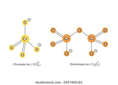 Chromate ion and dichromate ion are oxidizing agents, with distinct colors yellow and orange and chemical properties. chemical structure illustration.