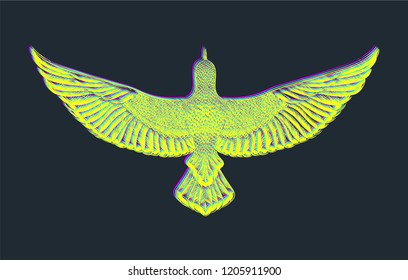 Chromatic aberration.Glitch art.Colorful bird.Flying dove.Chromatic aberration.Flying bird on black background. Fashion print for t shirt template.Printed tee.RGB colors.