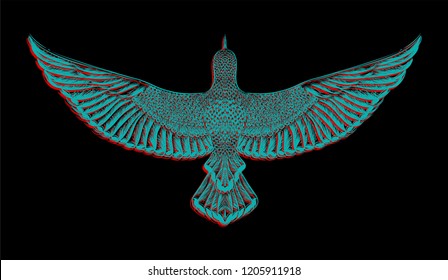 Chromatic aberration.Glitch art.Flying dove.Hand drawn bird on the black background.Graphic tee and printed tee. embroidery. Isolated illustration. Sketch for colorful tattoo and print t shirt.