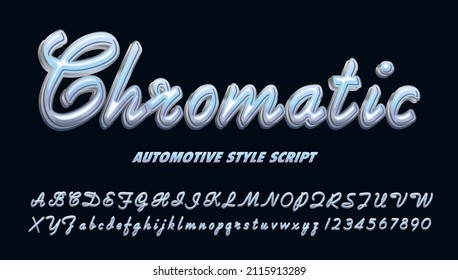 Chromatic; an automotive style script with chrome effects. This type of alphabet is similar to to vintage logo placards on cars from the 1950s through 1970s.