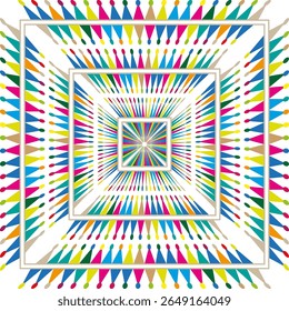 Túnel de ruptura cromática. Vórtice quadrado espectral. Vetor de perspectiva multicolor. Composição dinâmica do trabalho artístico.