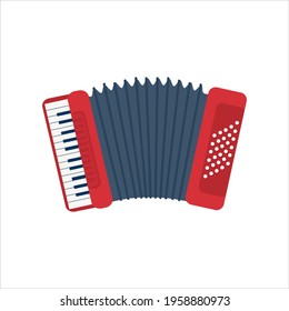 Chromatic Button Accordions or Russian Bayan. Flat Diatonic Melodeon or Piano Accordion. Cartoon blue and red color Harmonic or Jews-harp. Folk Ethnic Musical Instruments isolated on white.