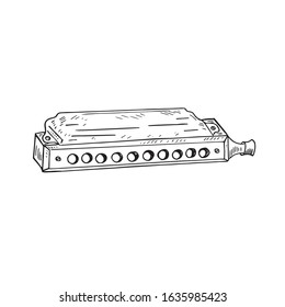 Chromatic harmonica, hand drawn doodle gravure vintage style, sketch, outline vector illustrationChromatic harmonica