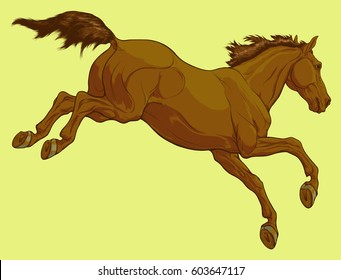 Chromatic illustration of Tersk horse, three quarter view from behind. The red stallion with fluttering mane jumping over an obstacle. Vector emblem for equestrian goods isolated on a yellow-green. 