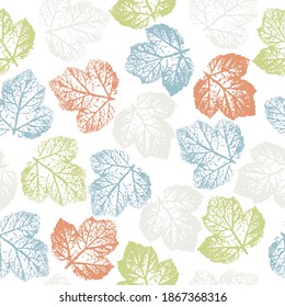 chromatic Leaf Stamp Seamless pattern. cute pattern of beautiful prints of leaves painted watercolor by hand. mixed media artwork for textiles, fabrics, souvenirs, packaging and greeting cards.