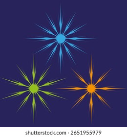 iconografia cromática de explosão estelar. Supernovas triádicas resplandecentes. Vetor pirotécnico multicolorido. Sapphire meia-noite fundo.