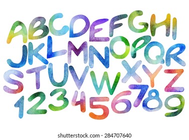 Chromatic watercolor letters and numerals. Vector alphabet isolated on white background