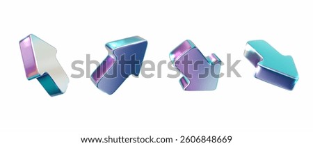 Chrome 3d arrow holographic collection. Metal realistic shape 3d chrome vector for modern futuristic design aesthetics. Y2k vector