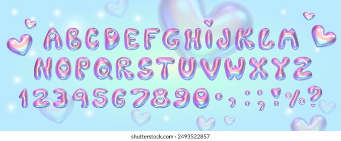 chrome 3D bubble font in y2k style. Festive design with rainbow gradient and hearts. 3d render of the English alphabet with sparkles