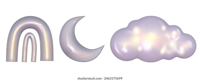 Chrome 3d cloud, rainbow metal element. Silver and purple holographic shape. 3d chrome vector for futuristic and 90s design