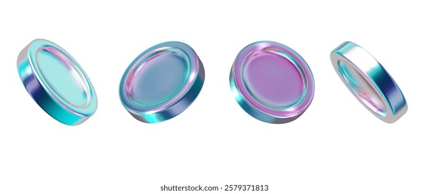 Chrome 3d coin holographic collection. Metal realistic shape 3d chrome vector for modern futuristic design aesthetics