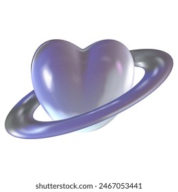 Chrome 3d heart metal element. Silver and purple holographic shape. 3d chrome vector for futuristic and 90s design
