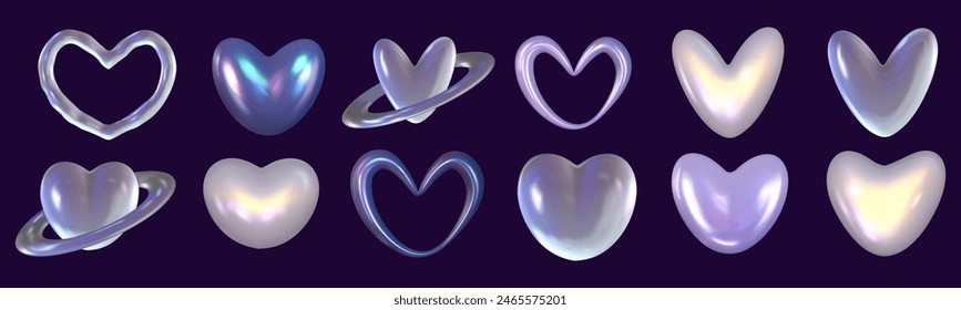 Chrome 3d heart set metal element. Silver and purple holographic shape. 3d chrome vector for futuristic and 90s design