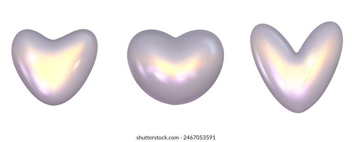Chrome 3d heart set metal element. Silver and purple holographic shape. 3d chrome vector for futuristic and 90s design