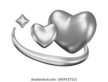 Chrome 3D hearts and star on cosmic orbit. Futuristic metal element in y2k style. Geometric shiny shapes. Vector illustration. Isolated sparkle design symbol, abstract techno figures. 