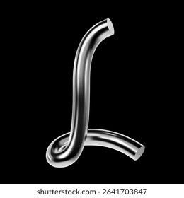 Chrome 3D letter L with reflective silver tube and elegant techno-inspired curve. Y2K display font in glossy metallic style