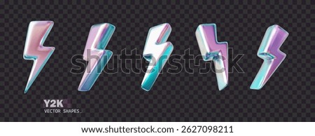 Chrome 3d lightning holographic collection. Metal realistic shape 3d chrome vector for modern futuristic design aesthetics. Y2k vector.