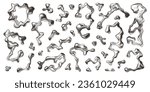 Chrome 3D liquid metal elements set in Y2K style. Wavy metal shapes and silver droplets. Abstract form and element design. Ideal for futuristic chrome visuals and 3D design projects