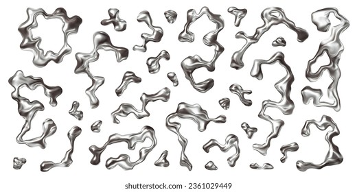 Chrome 3D liquid metal elements set in Y2K style. Wavy metal shapes and silver droplets. Abstract form and element design. Ideal for futuristic chrome visuals and 3D design projects