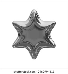 Chrome 3D metal element in 2000s style. Metal Shape of Six-Pointed Star. Steel, aluminum, silver element. Realistic Star Symbol