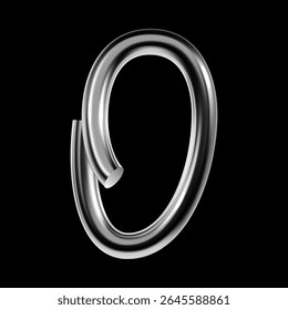 Chrome 3D number 0 created from a single glossy tube in futuristic Y2K style. Metallic digit zero with rounded shape, smooth curves, and reflective surface in chrome typography design