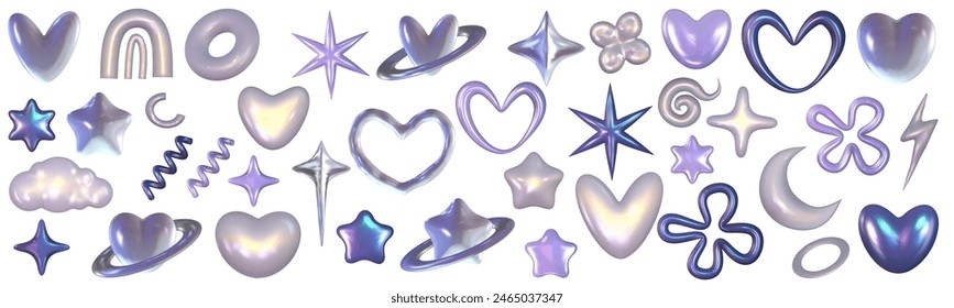 Chrome 3d set metal element. Heart, star and flower holographic shape. 3d chrome vector for futuristic and 90s design