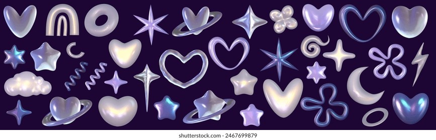 Chrome 3d set metal element. Heart, star and flower holographic shape. 3d chrome vector for futuristic and 90s design