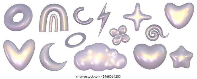 Elemento metálico cromado del juego 3D. Forma holográfica de corazón, estrella y nube. Vector cromado 3d para diseño futurista y de los años 90