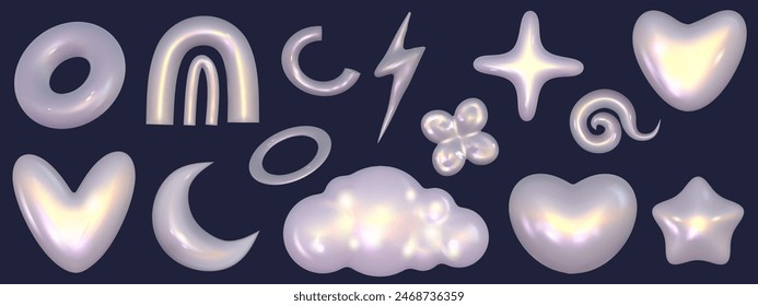 Elemento metálico cromado del juego 3D. Forma holográfica de corazón, estrella y nube. Vector cromado 3d para diseño futurista y de los años 90