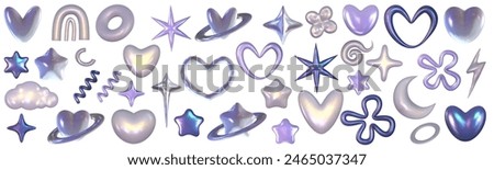 Chrome 3d set metal element. Heart, star and flower holographic shape. 3d chrome vector for futuristic and 90s design