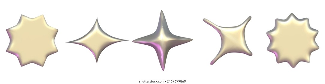 Juego de elementos metálicos cromados 3d silver. Forma holográfica plateada y rosa. Vector cromado 3d para diseño futurista y de los años 90