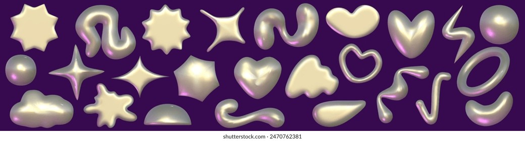 Chrome 3d silver metal element set. Silver and pink holographic shape. 3d chrome vector for futuristic and 90s design