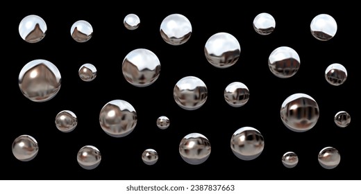 Chrome 3D silver spheres, shiny reflective balls, abstract round shapes in liquid metal, vector elements for Y2K or futuristic design